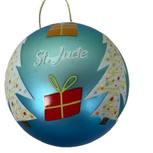 St Jude Children Hospital Christmas Ornament, Glass and Metal, Blue w/Gifts/Tree